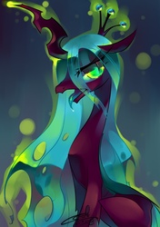 Size: 1000x1417 | Tagged: dead source, safe, artist:iopichio, queen chrysalis, changeling, changeling queen, g4, crown, female, jewelry, looking at you, regalia, sitting, solo, tongue out