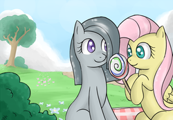 Size: 900x623 | Tagged: safe, artist:speccysy, fluttershy, marble pie, earth pony, pegasus, pony, g4, female, lesbian, lollipop, mare, outdoors, picnic blanket, ship:marbleshy, shipping, sitting, smiling