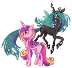 Size: 763x727 | Tagged: source needed, safe, artist:griffsnuff, princess cadance, queen chrysalis, alicorn, changeling, changeling queen, pony, g4, crown, duo, fangs, female, jewelry, mare, outline, regalia, simple background, transparent background, transparent wings, wings