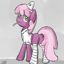 Size: 900x900 | Tagged: safe, artist:speccysy, cheerilee, earth pony, pony, g4, backwards thermometer, bedroom eyes, butt, female, flowerbutt, mare, mouth hold, nurse, plot, smiling, smirk, solo, thermometer