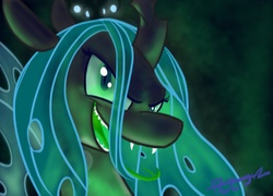 Size: 1366x986 | Tagged: source needed, safe, artist:cosmic-rust, queen chrysalis, changeling, changeling queen, g4, abstract background, crown, female, grin, jewelry, regalia, smiling, solo