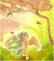 Size: 616x700 | Tagged: safe, artist:aniritak, princess celestia, alicorn, bird, pony, g4, backlighting, female, mare, princess, smiling, solo, spread wings, sunlight, tree, walking, wings