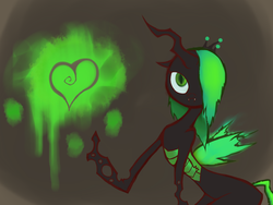 Size: 1400x1050 | Tagged: safe, artist:norg, queen chrysalis, changeling, changeling queen, g4, female, green changeling, hair over one eye, heart, looking at you, pointing, solo