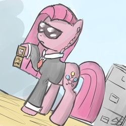 Size: 900x900 | Tagged: safe, artist:speccysy, pinkie pie, earth pony, pony, g4, badge, clothes, female, filing cabinet, frown, mare, pinkamena diane pie, solo, suit, sunglasses
