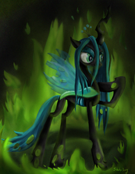 Size: 743x958 | Tagged: safe, artist:shiv3ry, queen chrysalis, changeling, changeling queen, g4, crown, female, fire, jewelry, raised hoof, regalia, signature, solo, standing