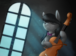 Size: 1355x1000 | Tagged: safe, artist:ls_skylight, octavia melody, earth pony, pony, g4, bipedal, cello, dust motes, eyes closed, female, mare, musical instrument, playing, solo, window