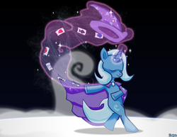 Size: 1100x850 | Tagged: safe, artist:kadjule, trixie, pony, unicorn, g4, bipedal, cape, card, clothes, eyes closed, female, hat, levitation, magic, mare, smiling, solo, stage, trixie's hat, walking
