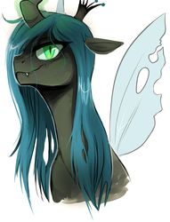 Size: 677x884 | Tagged: source needed, safe, artist:starloo, queen chrysalis, changeling, changeling queen, g4, bust, fangs, female, glowing horn, horn, looking at you, magic, simple background, smiling, solo, white background