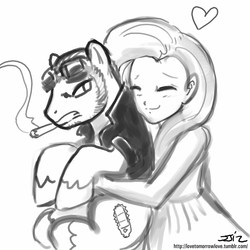 Size: 850x850 | Tagged: safe, artist:johnjoseco, fluttershy, earth pony, human, pony, g4, annoyed, cigarette, crossover, duo, female, grayscale, heart, holding a pony, humanized, jack cayman, madworld, male, monochrome, ponified, smoking, stallion