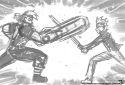 Size: 1100x753 | Tagged: safe, artist:johnjoseco, big macintosh, spike, human, g4, duo, duo male, fight, grayscale, humanized, jack cayman, madworld, male, monochrome, no more heroes, travis touchdown