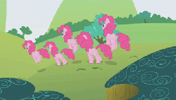 Size: 400x229 | Tagged: safe, edit, edited screencap, screencap, pinkie pie, earth pony, pony, g4, griffon the brush off, season 1, animated, female, foreshadowing, gif, hilarious in hindsight, mare, multeity, perfect loop, pronking, solo, too much pink energy is dangerous, xk-class end-of-the-world scenario