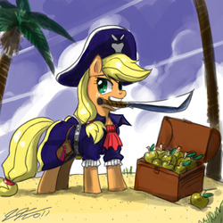 Size: 900x900 | Tagged: safe, artist:johnjoseco, applejack, earth pony, pony, g4, apple, chest, clothes, female, mare, mouth hold, palm tree, pirate, solo, sword, treasure chest, tree, tricorne, weapon