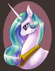 Size: 1668x2147 | Tagged: safe, artist:thiefofcookies, princess celestia, alicorn, pony, g4, bust, colored pupils, female, frown, mare, profile, solo, starry eyes, wingding eyes
