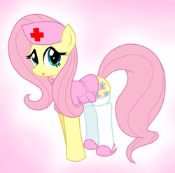 Size: 1692x1673 | Tagged: safe, artist:pyruvate, fluttershy, pegasus, pony, g4, clothes, female, gradient background, mare, nurse, socks, solo