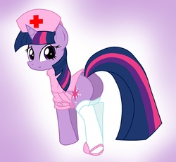 Size: 1963x1796 | Tagged: safe, artist:pyruvate, twilight sparkle, pony, unicorn, g4, butt, clothes, female, gradient background, looking back, mare, nurse, plot, socks, solo