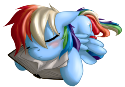 Size: 1000x700 | Tagged: safe, artist:sh2otingstar, rainbow dash, pegasus, pony, g4, book, clothes, cute, dashabetes, female, floppy ears, mare, prone, simple background, sleeping, socks, solo, transparent background