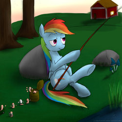 Size: 900x900 | Tagged: safe, artist:rule1of1coldfire, rainbow dash, pegasus, pony, g4, crossover, female, fishing, mare, sitting, worms, worms (video game)