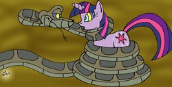Size: 3289x1671 | Tagged: safe, artist:lol20, twilight sparkle, pony, python, snake, unicorn, g4, abstract background, coils, eye contact, eyes, female, hypnosis, imminent vore, kaa, kaa eyes, looking at each other, mare, peril, the jungle book, trust in me
