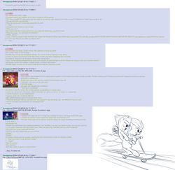 Size: 1434x1395 | Tagged: safe, rumble, scootaloo, pegasus, pony, g4, 4chan, 4chan screencap, colt, fanfic, female, filly, greentext, illustration, male, monochrome, scooter, ship:rumbloo, shipping, story, straight, teaching, text