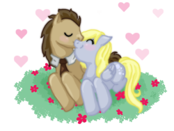 Size: 800x600 | Tagged: safe, artist:cloverminto, derpy hooves, doctor whooves, time turner, earth pony, pegasus, pony, g4, blushing, eyes closed, female, heart, male, mare, nuzzling, prone, ship:doctorderpy, shipping, simple background, stallion, straight, transparent background
