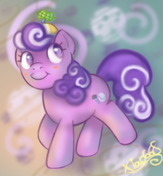Size: 525x569 | Tagged: safe, artist:xiao668, screwball, earth pony, pony, g4, abstract background, cute, female, filly, foal, painted, smiling, solo, younger