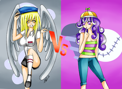 Size: 3509x2550 | Tagged: safe, artist:manhunterj, derpy hooves, screwball, human, fighting is magic, g4, cutie mark background, duo, duo female, female, high res, humanized, winged humanization