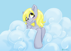 Size: 820x594 | Tagged: safe, artist:cloverminto, derpy hooves, pegasus, pony, g4, cloud, female, head tilt, mare, prone, solo