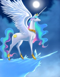 Size: 1175x1500 | Tagged: safe, artist:jacky-bunny, princess celestia, alicorn, pony, g4, backlighting, female, mare, moon, night, solo, spread wings, the last unicorn, wings