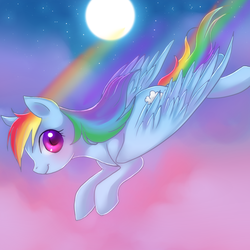 Size: 2222x2222 | Tagged: safe, artist:jacky-bunny, rainbow dash, pegasus, pony, g4, female, flying, high res, mare, moon, night, rainbow trail, smiling, solo