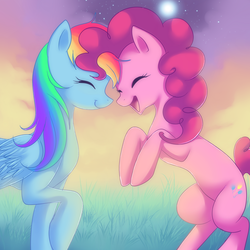 Size: 2222x2222 | Tagged: safe, artist:jacky-bunny, pinkie pie, rainbow dash, earth pony, pegasus, pony, g4, eyes closed, female, high res, lesbian, mare, rearing, ship:pinkiedash, shipping, smiling