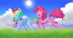 Size: 3660x1900 | Tagged: dead source, safe, artist:jacky-bunny, pinkie pie, rainbow dash, earth pony, pegasus, pony, g4, cherry, cloud, cloudy, cute, eyes closed, female, grass, happy, lesbian, mare, mouth hold, outdoors, ship:pinkiedash, shipping, sun, tail bite, walking, wallpaper