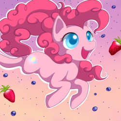 Size: 2222x2222 | Tagged: safe, artist:jacky-bunny, pinkie pie, earth pony, pony, g4, abstract background, blueberry, colored pupils, female, food, happy, high res, jumping, mare, outline, solo, strawberry