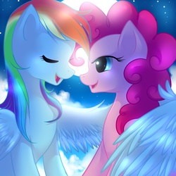 Size: 2222x2222 | Tagged: safe, artist:jacky-bunny, pinkie pie, rainbow dash, earth pony, pegasus, pony, g4, backlighting, female, high res, hug, lesbian, mare, moon, night, ship:pinkiedash, shipping, winghug