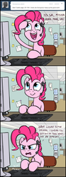 Size: 660x1770 | Tagged: safe, artist:flavinbagel, pinkie pie, earth pony, pony, ask gamer ponies, g4, computer, female, headset, mare, meme origin, office, office pinkie, sitting, solo