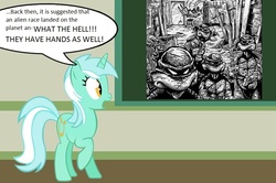 Size: 889x590 | Tagged: safe, lyra heartstrings, pony, unicorn, g4, chalkboard, donatello, female, human studies101 with lyra, leonardo, mare, meme, michelangelo, raphael, shocked, solo, teenage mutant ninja turtles