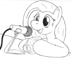 Size: 700x572 | Tagged: safe, artist:tg-0, fluttershy, pegasus, pony, g4, asmr, bag, female, mare, microphone, monochrome, smiling, solo
