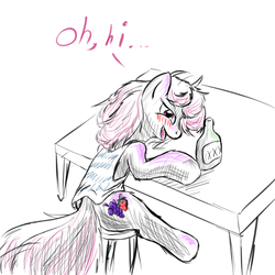 Size: 700x700 | Tagged: safe, artist:snus-kun, berry punch, berryshine, earth pony, pony, g4, alcohol, blushing, bottle, drunk, female, mare, messy mane, sitting, solo, table