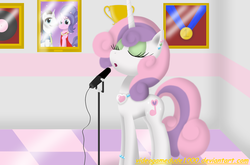 Size: 3486x2307 | Tagged: safe, artist:pajama-ham, cookie crumbles, hondo flanks, sweetie belle, pony, unicorn, g4, adult, alternate cutie mark, award, ear piercing, female, high res, mare, microphone, older, piercing, ship:cookieflanks, singing, solo