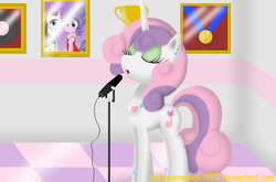 Size: 3486x2307 | Tagged: safe, artist:pajama-ham, cookie crumbles, hondo flanks, sweetie belle, pony, unicorn, g4, adult, alternate cutie mark, award, checkered floor, ear piercing, eyes closed, female, framed picture, high res, mare, microphone, older, piercing, ship:cookieflanks, singing, solo