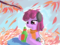 Size: 800x600 | Tagged: safe, artist:snus-kun, berry punch, berryshine, earth pony, pony, g4, bottle, clothes, female, headphones, leaves, mare, mp3 player, scarf, solo