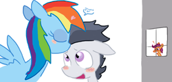 Size: 819x394 | Tagged: safe, artist:weaver, rainbow dash, rumble, scootaloo, pegasus, pony, g4, blush sticker, blushing, colored, colt, duo, exclamation point, female, filly, forehead kiss, jealous, kiss it better, kissing, male, mare, ship:rumbledash, simple background, white background