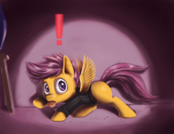 Size: 900x695 | Tagged: safe, artist:aphexangel, scootaloo, pegasus, pony, caught, cookie, cookie thief, cute, cutealoo, exclamation point, female, filly, konami, metal gear, mouth hold, sneaking, stalkerloo, thief