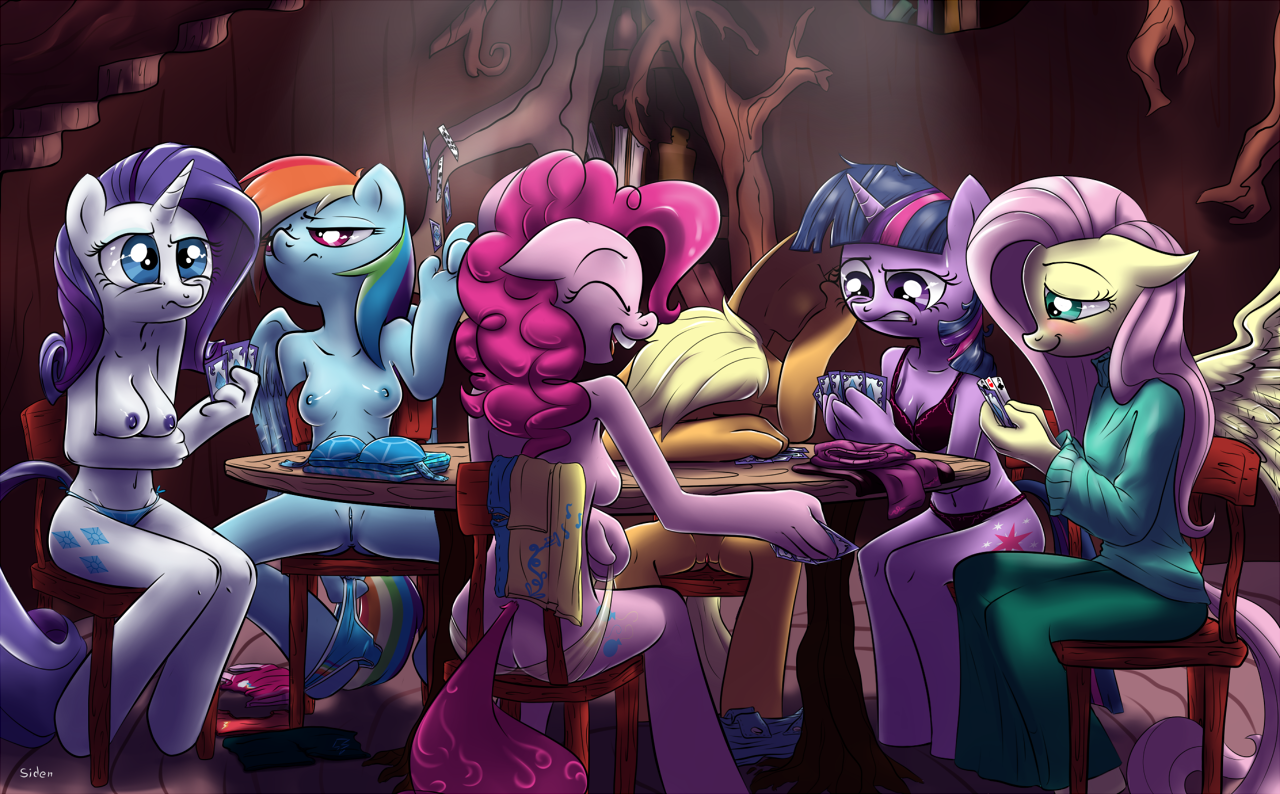 18934 - explicit, artist:siden, applejack, fluttershy, pinkie pie, rainbow  dash, rarity, twilight sparkle, anthro, unguligrade anthro, g4,  anatomically incorrect, art parody, blue underwear, bra, breasts, busty  rarity, card, casual nudity, cheating ...