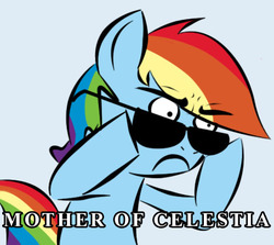 Size: 480x429 | Tagged: safe, rainbow dash, pegasus, pony, g4, female, frown, hoof hold, mare, mother of celestia, mother of god, reaction image, solo, sunglasses, wide eyes