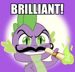Size: 598x574 | Tagged: safe, artist:rlyoff, spike, dragon, g4, all caps, brilliant, cigar, gradient background, grin, image macro, impact font, male, meme, moustache, reaction image, scroll, smiling, solo