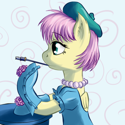 Size: 700x700 | Tagged: safe, artist:snus-kun, fluttershy, pegasus, pony, g4, abstract background, alternate hairstyle, audrey hepburn, beret, cigarette, cigarette holder, female, jewelry, mare, necklace, pearl necklace, profile, short mane, smoking, solo