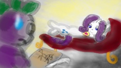 Size: 1280x720 | Tagged: safe, artist:stratusxh, rarity, spike, dragon, pony, unicorn, g4, couch, drawing, female, fire ruby, male, mare, on side, ship:sparity, shipping, straight, sweat, sweatdrop