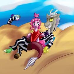 Size: 1000x1000 | Tagged: safe, artist:snus-kun, discord, pinkie pie, princess celestia, earth pony, pony, worm, g4, alternate hairstyle, beetlejuice, clothes, desert, female, grin, male, mare, parody, smiling, tim burton