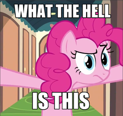 Size: 502x474 | Tagged: safe, edit, edited screencap, screencap, pinkie pie, earth pony, pony, g4, mmmystery on the friendship express, bipedal, female, frown, hallway, mare, reaction image, solo, what is this