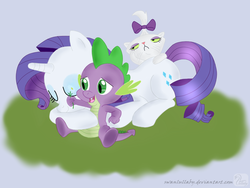 Size: 1024x768 | Tagged: safe, artist:swanlullaby, opalescence, rarity, spike, dragon, pony, unicorn, g4, female, flower, hug, interspecies, male, mare, prone, ship:sparity, shipping, spikelove, straight